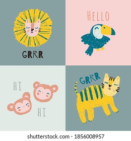 Collection of wild animals, set of cartoon zoo animals, doodle poster,  cute illustrations for children, hand drawn chalk funny characters, lion, tiger, monkeys and bird