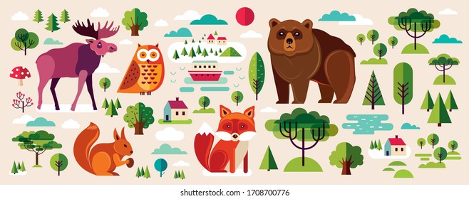 Collection of wild animals and trees in flat style