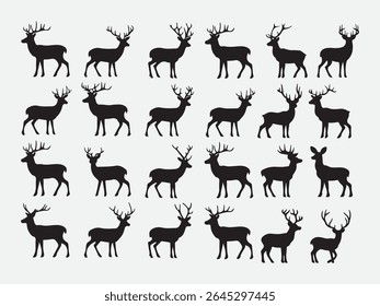 Collection of wild deer silhouette icons with antlers in multiple standing walking positions
