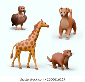 Collection of wild and domestic animals on white background. 3D vulture, dog, giraffe, otter