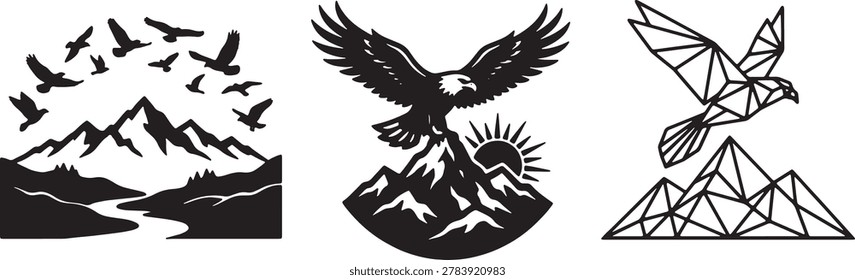 Collection of wild eagle silhouettes soaring over mountain peaks featuring both realistic and geometric line art.