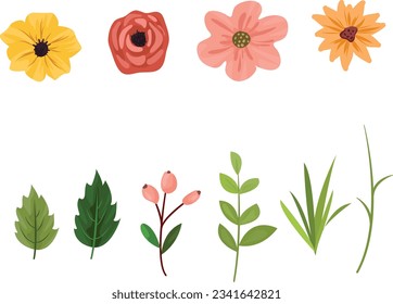 Colección de vectores de flores silvestres. hierbas, plantas de flores herbáceas, flores florecientes, arbustos submarinos aislados en fondo blanco