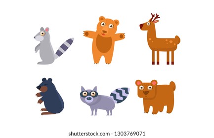 Collection of wild forest animals, raccoon, bear, deer, mole vector Illustration