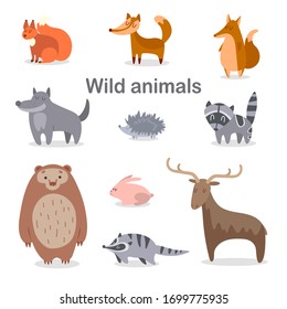 Collection of wild forest animals. Set: wolf, fox, raccoon, squirrel, hedgehog, bear, hare, deer. Vector stock illustration. White isolated background. Cute stylized animals in a children's style.