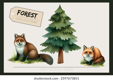 A collection of wild forest animals, trees, and leaves for prints, branding, and design projects