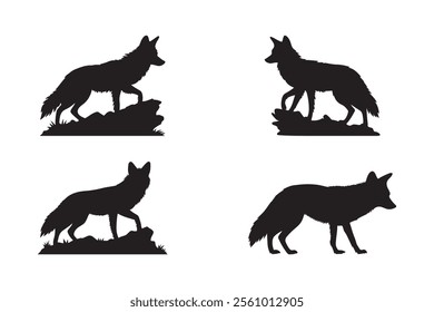 Collection of wild fox silhouettes featuring detailed poses in natural settings, ideal for use in wildlife designs, outdoor-themed graphics, logos, and nature-inspired illustrations.