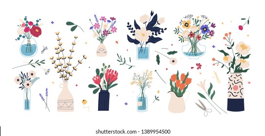 Collection of wild and garden blooming flowers in vases and bottles isolated on white background. Bundle of bouquets. Set of decorative floral design elements. Flat cartoon vector illustration.