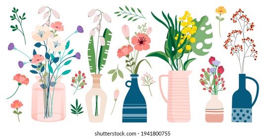 Collection of wild and garden blooming flowers in vases and bottles isolated on white background. Bundle of bouquets. Set of decorative floral design elements. Flat cartoon vector illustration