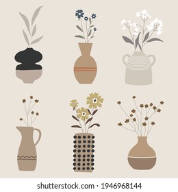 Collection of wild and garden blooming flowers in vases isolated on bright background. Vector bundle of bouquets. Set of decorative floral design elements.