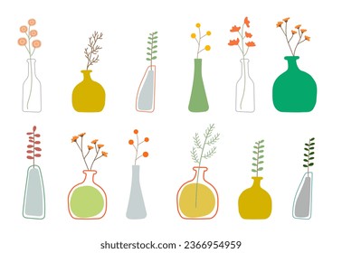 Collection of wild and garden blooming flowers in vases and bottles isolated on white background. Bundle of bouquets. Set of decorative floral design elements. Flat cartoon vector illustration.