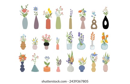 Collection of wild and garden blooming flowers in vases and bottles isolated on white background. Bundle of bouquets. Set of decorative floral design elements. Flat cartoon vector illustration.