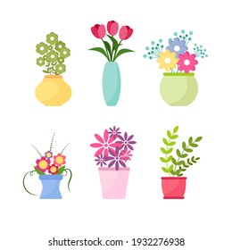 Collection of wild and garden flowers in vases and bottles isolated on white background. Bundle of bouquets. Set of decorative floral design elements. Vector illustration