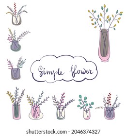 Collection of wild and garden leaves in glass vases isolated on white background. Bundle of bouquets. Set of decorative floral design elements. Flat cartoon vector illustration.