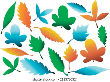 Collection of wild leaves in ocher, green and blue tones. Natural set of isolated leaves