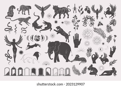 Collection of wild and mythical animals and creature, plants, architectural elements, arch, woman silhouettes. Minimalistic objects. Editable Vector Illustration.