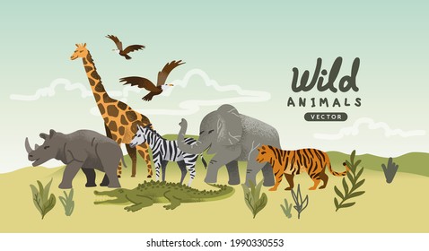 A collection of wild natural roaming animal characters. Animal story Vector illustration
