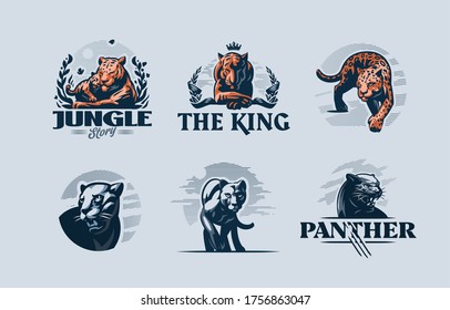 Collection of wild predatory cats. Stylized emblems. Tiger, panther, jaguar, cougar. Vector illustration.