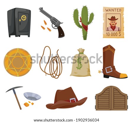 Collection of wild west flat icons. Accessories and objects game or app ui icon. Cowboy hat, sheriff star badge, wanted reward poster, saloon wooden gate