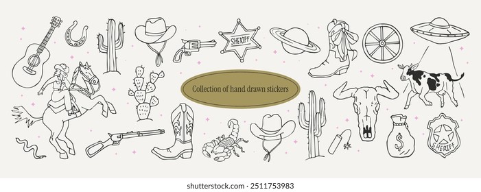 Coleção de gráficos de arte da linha oeste selvagem. Adesivos desenhados à mão em um estilo de cowboy cósmico. Elementos de tinta clipart estranho vintage para logotipos, cartazes, impressões, mídias sociais.