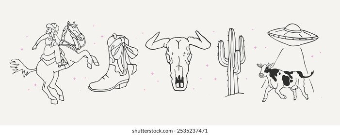 Colección de gráficos de arte de la línea salvaje oeste. Pegatinas dibujadas a mano en un estilo cowboy cósmico. Elementos de tinta de Clipart raro de Antiguas para logotipos, carteles, impresiones, redes sociales.	