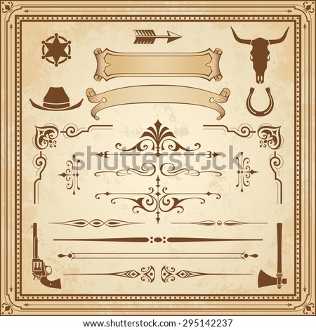 A collection of Wild West ornament, with frames, rulers, angle ornaments and clipart. 