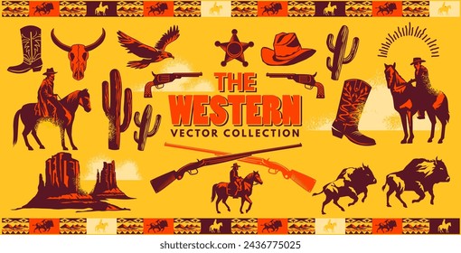 A collection of wild west themed vector objects and illustrations with cowboys, wildlife and objects.