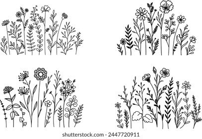 A collection of wildflower meadows suitable for printing, engraving, laser cutting, and more. Vector illustration.