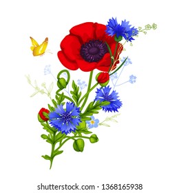 Collection of wildflowers: cornflowers, poppies, forget me nots with flying butterflies. Design elements for greeting cards, invitations, etc. Isolated vector illustration.
