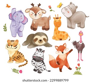 Collection of wildlife animals and plant elements . Watercolor painting cartoon character design . Vector .