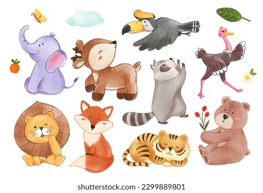 Collection of wildlife animals and plant elements . Watercolor painting cartoon character design . Vector .
