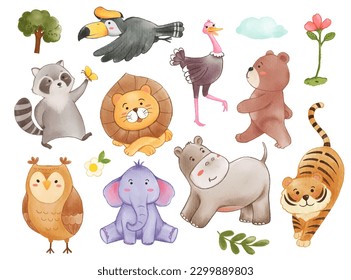 Colección de animales silvestres y elementos vegetales. Diseño de personajes de dibujos animados de color acuático. Vector.