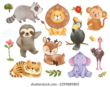 Colección de animales silvestres y elementos vegetales. Diseño de personajes de dibujos animados de color acuático. Vector.