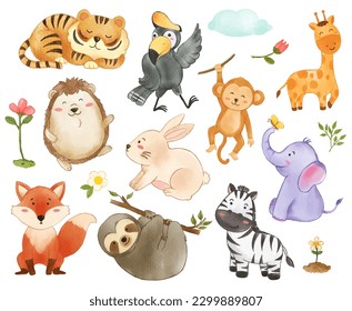 Collection of wildlife animals and plant elements . Watercolor painting cartoon character design . Vector .