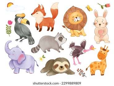 Colección de animales silvestres y elementos vegetales. Diseño de personajes de dibujos animados de color acuático. Vector.