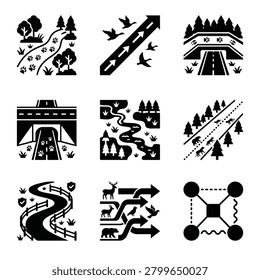 Collection of wildlife corridor icons representing animal migration, safe crossings over roads, habitat connectivity, and ecological pathways in vector style.