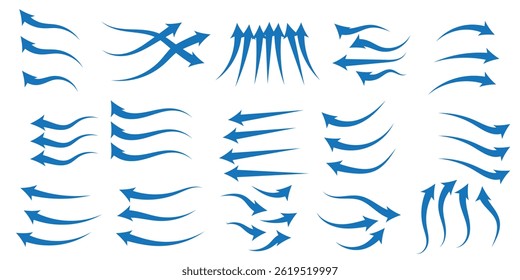 Collection of wind air flow Elements Flowing arrow air flow direction, gradient wind air flow elements, blue gradient flowing arrow, vector illustration