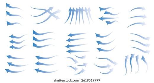 Collection of wind air flow Elements Flowing arrow air flow direction, gradient wind air flow elements, blue gradient flowing arrow, vector illustration