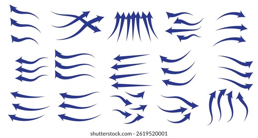 Collection of wind air flow Elements Flowing arrow air flow direction, gradient wind air flow elements, blue gradient flowing arrow, vector illustration