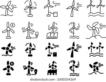 Collection of wind energy icons in simple design, including wind turbines, green energy symbols, and eco-friendly power concepts. Suitable for web, app, and infographic design.