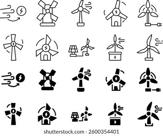 Collection of wind energy icons in simple design, including wind turbines, green energy symbols, and eco-friendly power concepts. Suitable for web, app, and infographic design.