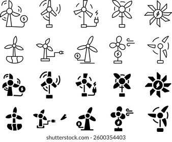 Collection of wind energy icons in simple design, including wind turbines, green energy symbols, and eco-friendly power concepts. Suitable for web, app, and infographic design.
