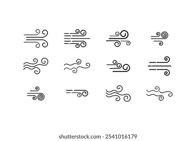 coleção de linha de rajada de vento Ícones, nuvens vetoriais frescas, símbolos isolados de ar. Logotipo do ícone do vento rajada de ar. Ícone de vento forte.