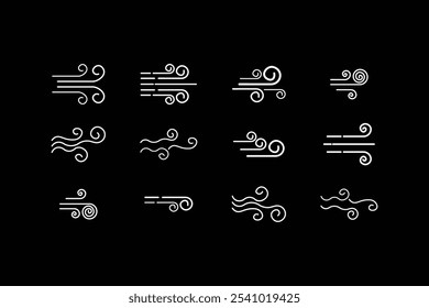 Coleção de rajadas de vento isoladas sobre fundo preto. Ícone de vento plano, silhueta. Ilustração do vetor do ícone da rajada de vento.