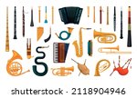Collection of wind instruments. National folk instruments. Detailed illustrations with musical instruments.