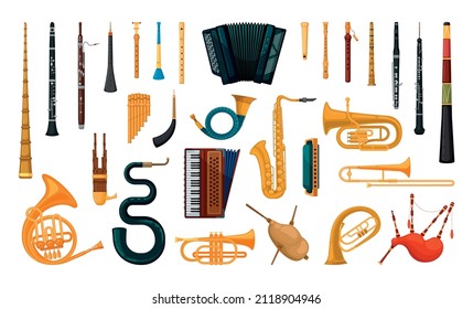 Collection wind instruments  National folk instruments  Detailed illustrations and musical instruments 