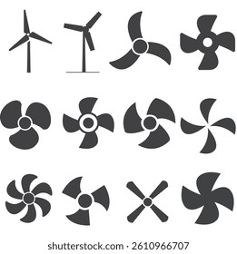 Collection of wind turbines and fan blades of different designs