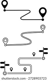 A collection of winding paths with location markers on a plain background