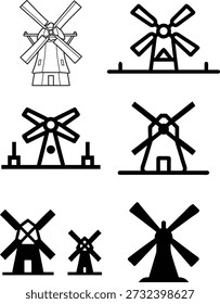 Collection of windmill graphics illustrating renewable energy and sustainable practices in different styles and silhouettes for design use.
