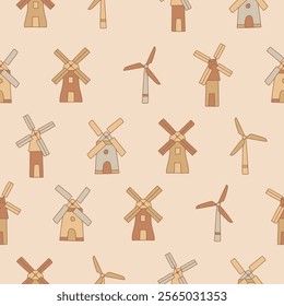 Collection of Windmill Vector Seamless Pattern illustration for Print, Wallpaper, Decoration.