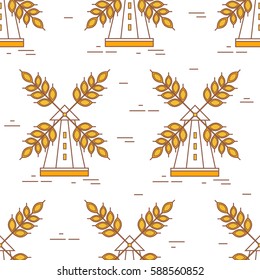 Collection of windmills with cereals, seamless pattern vector. Hand drawn icons set. Orange and white background with flat objects. Illustration with plants. Decorative wallpaper, good for printing